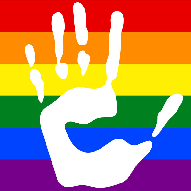 Carimbo de mão em cores coloridas em fundo de cores do arco-íris, bandeira LGBT com impressão da palma, ilustração vetorial
 - Vetor, Imagem