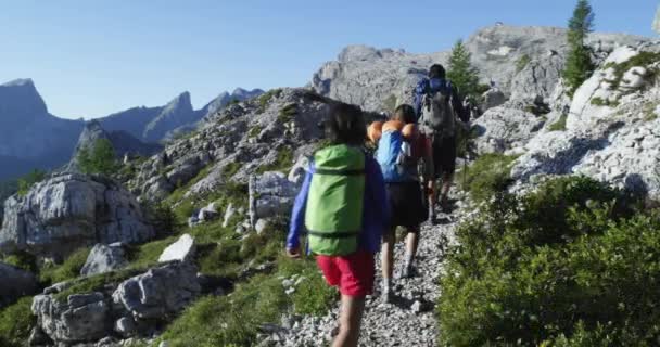 Cuatro amigos caminando por senderos de senderismo. Grupo de amigos personas viaje de aventura de verano en la naturaleza de montaña al aire libre. Viaja explorando Alpes, Dolomitas, Italia. 4k cámara lenta 60p video
 - Metraje, vídeo