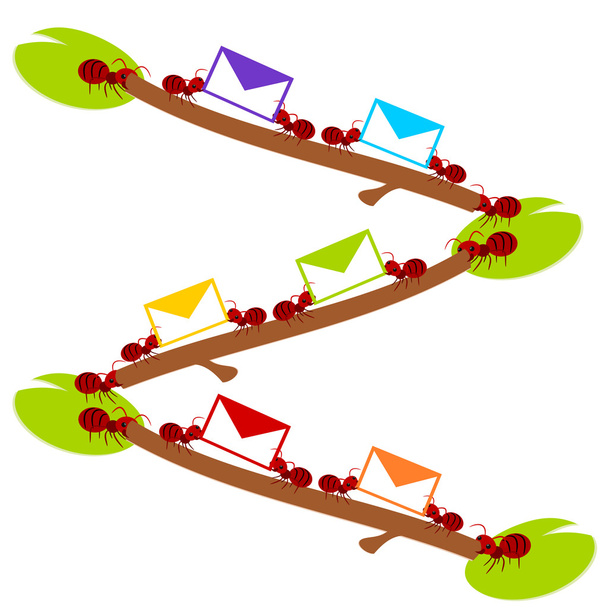Красные муравьи много работают в команде по электронной почте
 - Вектор,изображение