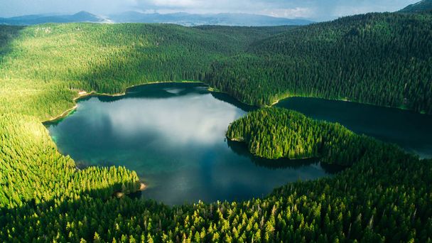 Luftaufnahme von einem schönen See in den Bergen. Schwarzer See, Montenegro. - Foto, Bild