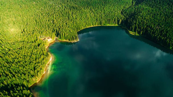 Widok z lotu ptaka błękitne jezioro i zielone lasy w słoneczny letni dzień w Jezioro Czarne, Czarnogóra - Zdjęcie, obraz