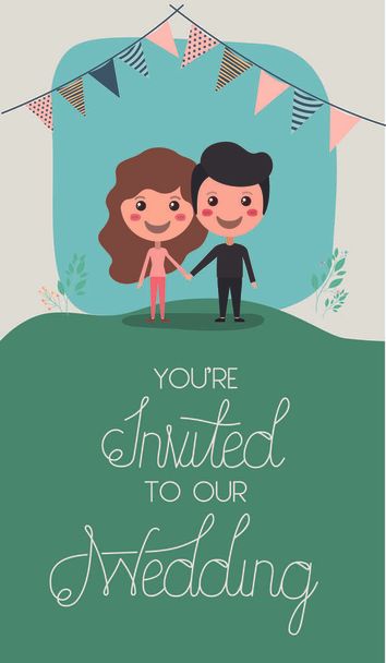 wedding invitation card with couple characters - Vettoriali, immagini