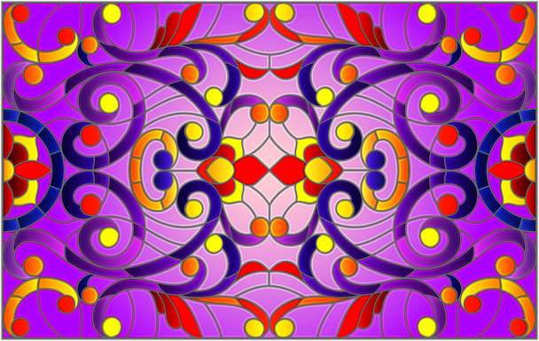 Illustration im Buntglasstil mit abstrakten Wirbeln, Blumen und Blättern auf violettem Hintergrund, horizontale Ausrichtung - Vektor, Bild