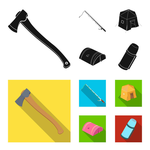Spinning for fishing, tent, thermos.Tent set collection icons in black,flat style vector symbol stock illustration web. - Vektori, kuva
