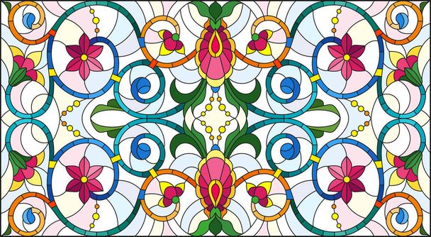 Illustration im Buntglasstil mit abstrakten Wirbeln, Blumen und Blättern auf hellem Hintergrund, horizontale Ausrichtung - Vektor, Bild