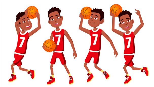 バスケット ボール選手の子供は、ベクトルを設定します。アクション。ボールとユニフォームの選手。チーム アクション ステッカー。スポーツ ゲーム。フラットの漫画イラストを分離 - ベクター画像
