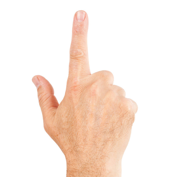 Mano humana con el dedo apuntando hacia arriba o hacia adelante aislado en blanco
. - Foto, Imagen
