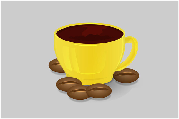 Csésze kávé sárga és szemes kávé elkülöníteni 3d vector - Vektor, kép