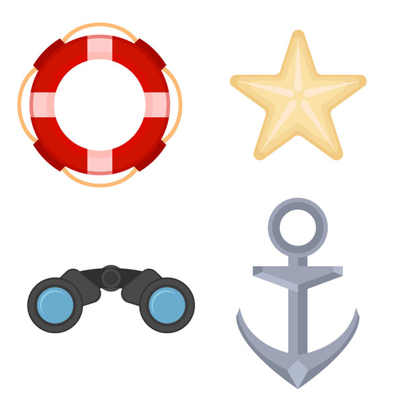Sea navigation objects set. Marine icons set with anchor,binoculars, starfish and lifebuoy. vector illustration - Vector, Image