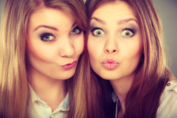 Family relationships, friendship concept.Two beautiful women sisters having fun making duckface sending air kisses - Φωτογραφία, εικόνα