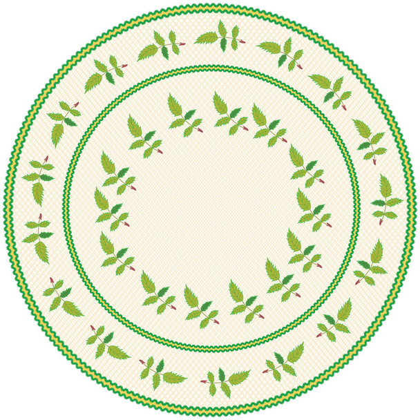 Round serviette with abstract embroidery with leafs in green,yellow colors on weave beige backdrop with  fringe  isolated on white - Vector, Image
