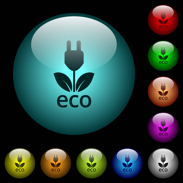 Iconos de energía ecológica en colores iluminados botones de vidrio esférico sobre fondo negro. Se puede utilizar para plantillas negras u oscuras
 - Vector, Imagen