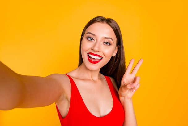 People person lifestyle facial emotion expressing delight concept. Close up photo portrait of pretty cute nice glad charming stunning lady giving v-sign isolated background - Φωτογραφία, εικόνα