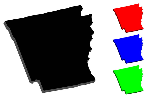 Mapa 3D de Arkansas (Estados Unidos de América) - negro, rojo, azul y verde - ilustración vectorial
 - Vector, imagen