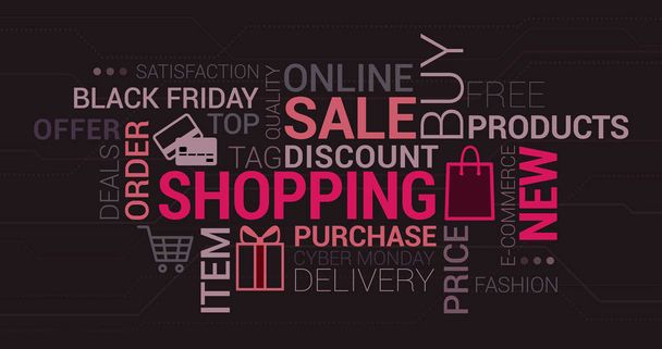 Online shopping, e-commerce and retail tag cloud with icons and concepts - Vector, Imagen