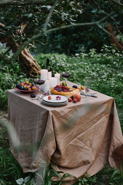 tasty appetizing berries pie, wine, candles and fruits on table in garden - Fotografie, Obrázek