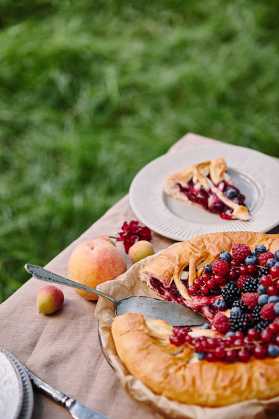 tasty appetizing berries pie on table in garden - Photo, Image