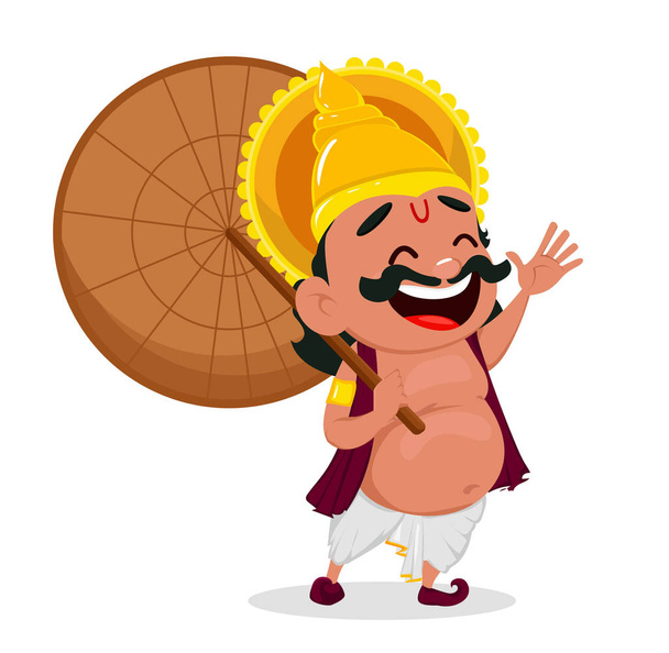 Onam kutlama. Kral Mahabali holding şemsiyesi, neşeli çizgi film karakteri. Kerala Mutlu Onam Festivali. Vektör çizim - Vektör, Görsel