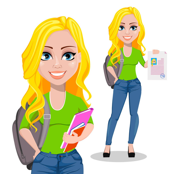 Happy student with backpack, set of two poses. Beautiful female cartoon character holding books and holding signed document. Back to school. Vector illustration - Vector, Image
