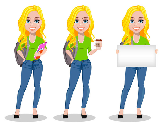 Szczęśliwy student z plecakiem, zestaw trzech pozach. Piękne kobiece kreskówka znak trzymania książek, trzymając kawy i przytrzymanie puste afisz. Powrót do szkoły. Ilustracja wektorowa - Wektor, obraz