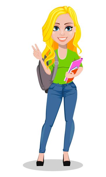 Happy student with books and backpack. Beautiful female cartoon character showing peace sign. Back to school. Vector illustration on white background. - Vettoriali, immagini