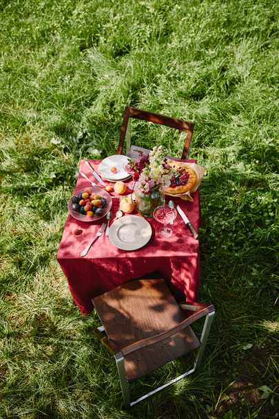 high angle view of table with fruits and pie in garden - Photo, Image