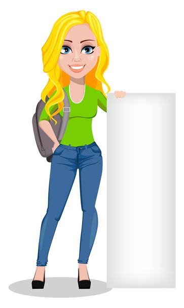 Happy student with backpack. Beautiful female cartoon character standing near blank placard. Back to school. Vector illustration on white background. - Vector, Image