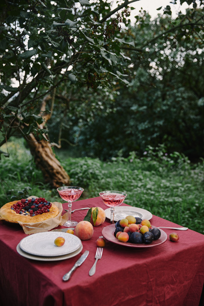 plate with plums, wine and pie on table in garden - Photo, image