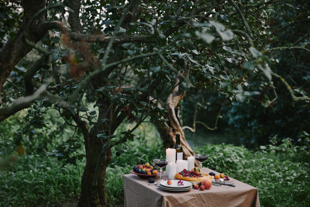 velas, vino tinto y pastel en la mesa en el jardín
 - Foto, Imagen