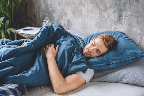 mladý pohledný muž spí pod dekou v jeho posteli doma - Fotografie, Obrázek
