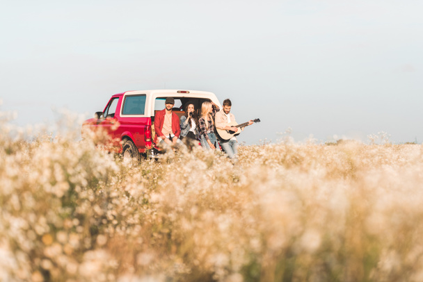 group of young people drinking beer and playing guitar while sitting in car trunk in flower field - 写真・画像