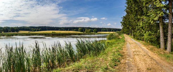 Панорамний знімок дороги і ставок у дивовижний краєвид літніх під Синє небо, білі хмари - Чеська Республіка, Європа - Фото, зображення