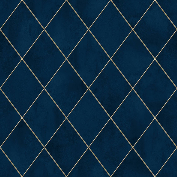 Watercolor argyle abstract geometric plaid seamless pattern with gold glitter line contour. Watercolour hand drawn dark blue luxury glittering background. Print for textile, wallpaper, wrapping. - Zdjęcie, obraz