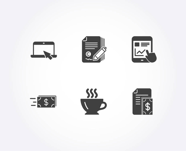 Set of Internet report, Portable computer and Coffee icons. Copyrighting, Money transfer and Payment signs, vector illustration - Vector, Image