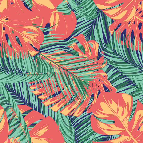Summer Exotic Floral Tropical Palm, Philodendron Leaf. Jungle Leaf Seamless Pattern. Botanical Plants Background. Eps10 Vector. Summer Tropical Palm Wallpaper for Print, Fabric, Tile, Wallpaper, Dress - Wektor, obraz