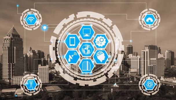 Intelligens város és vezeték nélküli kommunikációs hálózat fogalma - a tárgyak internete (Iot), információs és kommunikációs technológia (IKT ) - Fotó, kép
