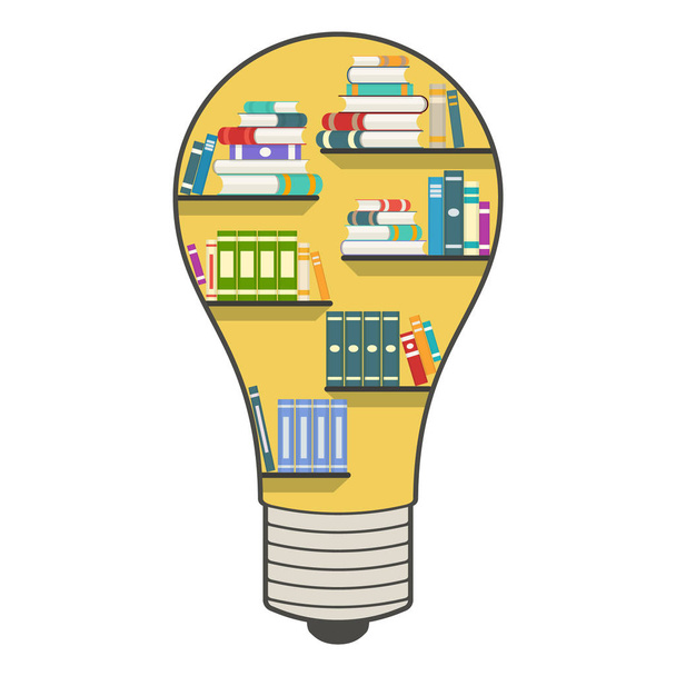 Light bulb bookshelf with books, for knowledge or library concept. The concept of modern education, school, science, knowledge, learning. Vector illustration. Bookshelf in form of bulb. - Vecteur, image
