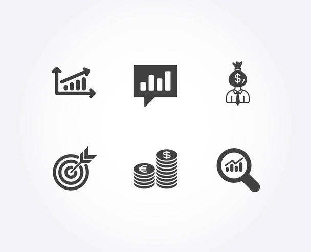 Set of Chart, Target and Currency icons. Manager, Analytical chat and Data analysis signs. Presentation chart, Targeting, Euro and usd. Work profit, Communication speech bubble, Magnifying glass - Vector, imagen