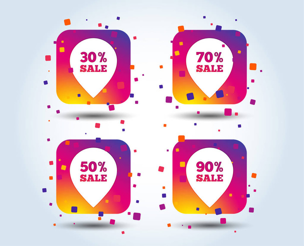 Sale pointer tag icons. Discount special offer symbols. 30%, 50%, 70% and 90% percent sale signs. Colour gradient square buttons. Flat design concept. Vector - Vektori, kuva