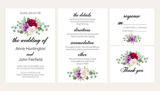 Beautiful floral wedding invitation set with dark red, purple and white roses. This wedding invitation template set includes four templates: invitation card, rsvp card, details and thank you card. - Vector, Image
