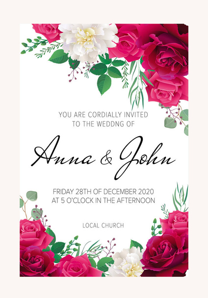 結婚式の花テンプレートのコレクションです。暗い redc、赤面、カラフルなピンクのバラとグリーティング カード。結婚式、誕生日および他の休日の招待状カードとして使用できます。すべての要素が分離し、編集可能です。Eps 10 - ベクター画像