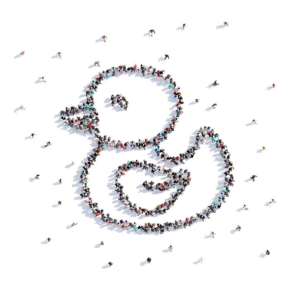 Muitas pessoas formam patinho de bebê, desenho à mão em um fundo branco. Ilustração 3d. Renderização 3d
. - Foto, Imagem