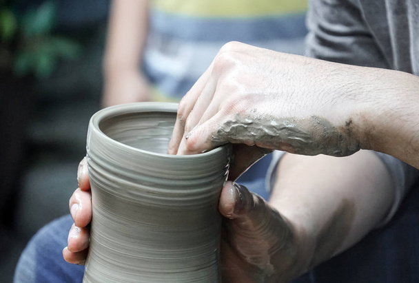 artisan hands making clay pot handmade pottery workshop - Photo, Image