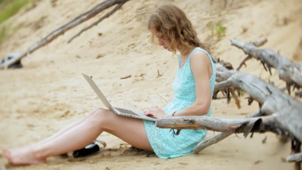 bir telefon bir güneşli gün ve içme şarap cam sahilde denizin kenarında oturan bir çağrı için malzeme çekme iş kağıtları ile bir dizüstü bilgisayarda çalışan meşgul güzel genç kadın - Video, Çekim