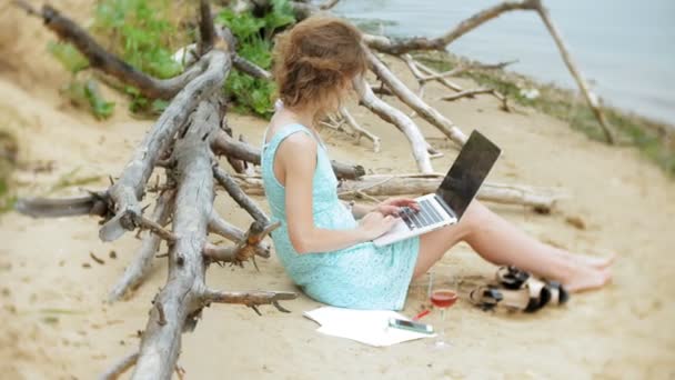 зайнята красива молода жінка працює на портативному комп'ютері з бізнес-документами, підбираючи телефон для роботи дзвінка, що сидить на пляжі біля моря в сонячний день і п'є вино з келиха
 - Кадри, відео