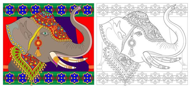 Colorful and black and white pattern for coloring. Fantasy drawing of elephant head with Indian ornament. Worksheet for children and adults. Vector image. - Vector, afbeelding