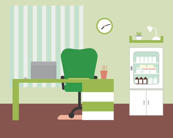 Oficina o consultorio médico con mesa y silla, portátil y caja de medicinas con reloj y estante en pared verde con persianas - vector
 - Vector, imagen