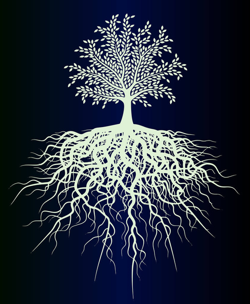 Σκίτσο του τατουάζ - νέον γκρο πλαν διάνυσμα δέντρο της ζωής σε ντεγκραντέ μπλε φόντο. Όμορφο τατουάζ σχεδιασμού - Διάνυσμα, εικόνα