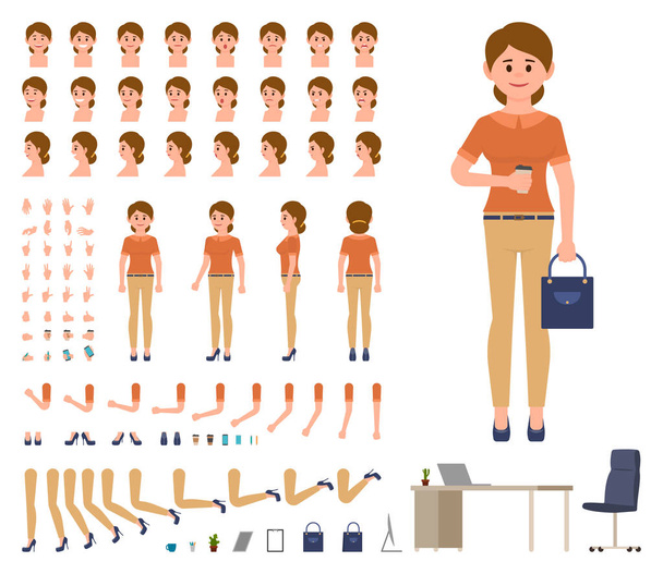 Business woman in casual office look character creation set. Cartoon style manager constructor kit - Vector, Imagen