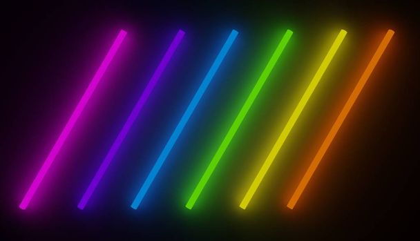 Conjunto de 6 tiras de luz de neón brillante de diferentes colores aislados en fondo negro, imagen renderizada
. - Foto, Imagen